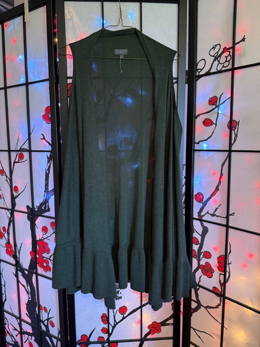 NWOT Limited Dark Moss Green Sleeveless Open Cardigan with Ruffle Hem
